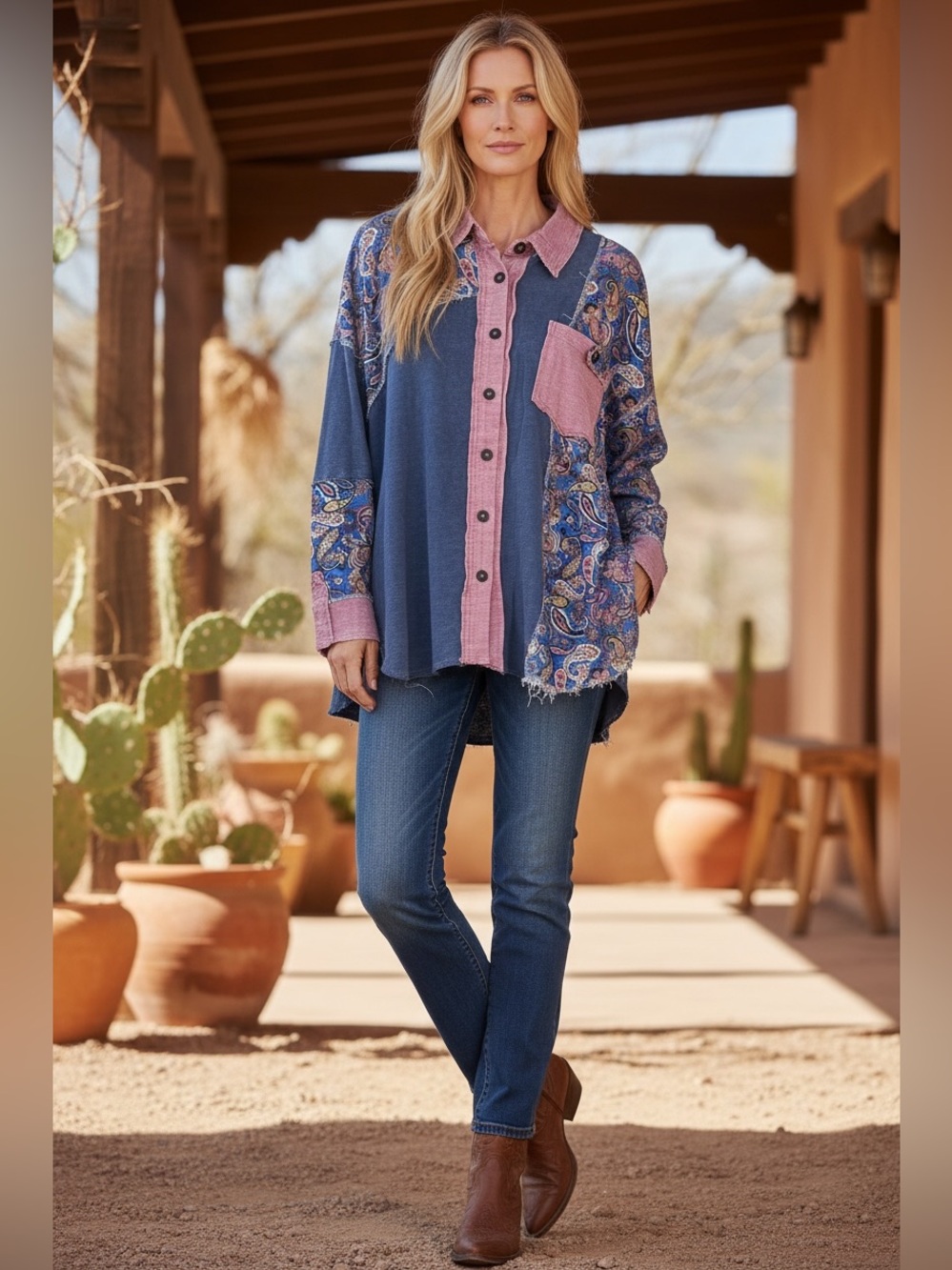 Blue Velvet OS Paisley Button-Down Shirt in Navy & Dusty Rose Shacket